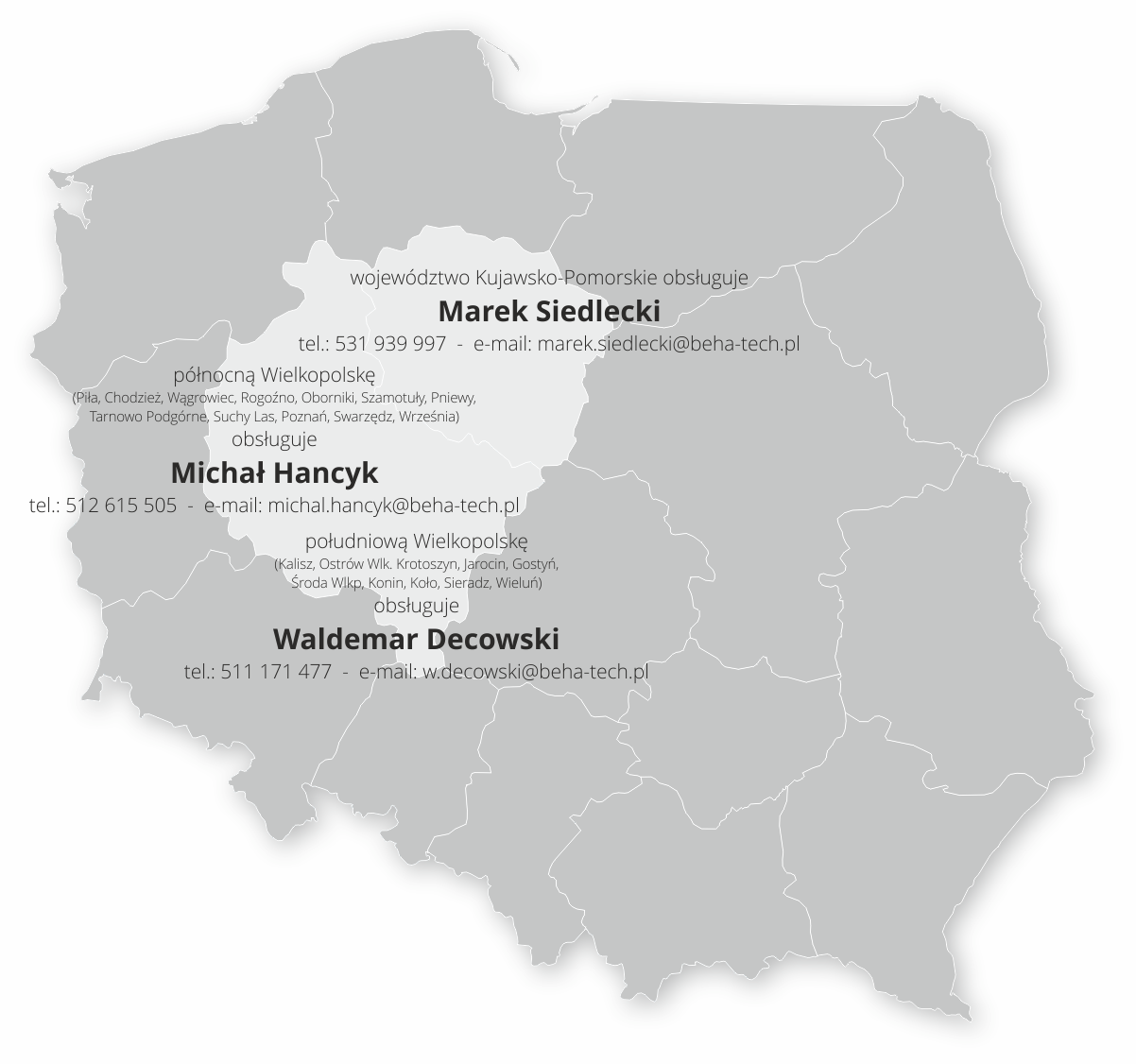 Mapa PL i wykaz przedstawicieli handlowych firmy Beha-Tech